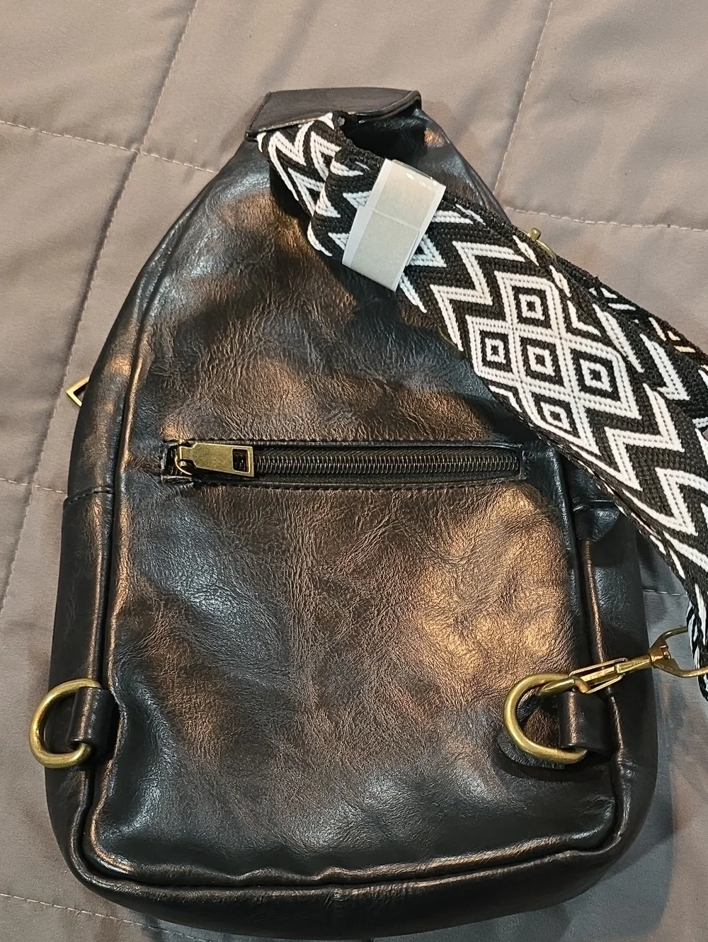 Black Faux Leather Crossbody Sling Bag with Gold Hardware